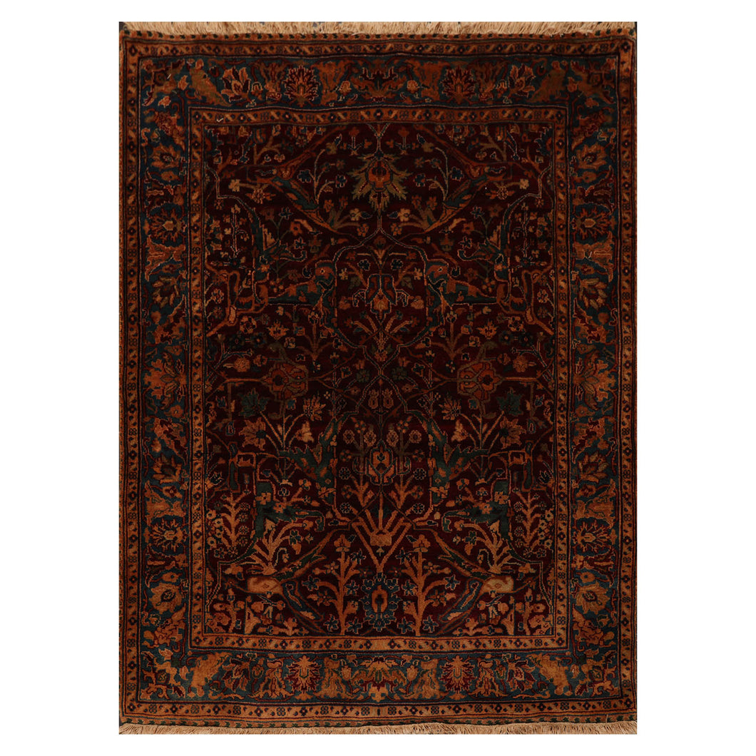 4' x5' 6'' Burgundy Teal Gold Color Hand Knotted Persian 100% Wool Traditional Oriental Rug