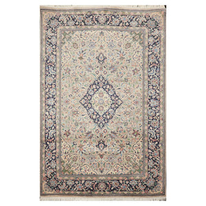 4' 7''x7' 1'' Beige Navy Rose Color Hand Knotted Persian 100% Wool Traditional Oriental Rug