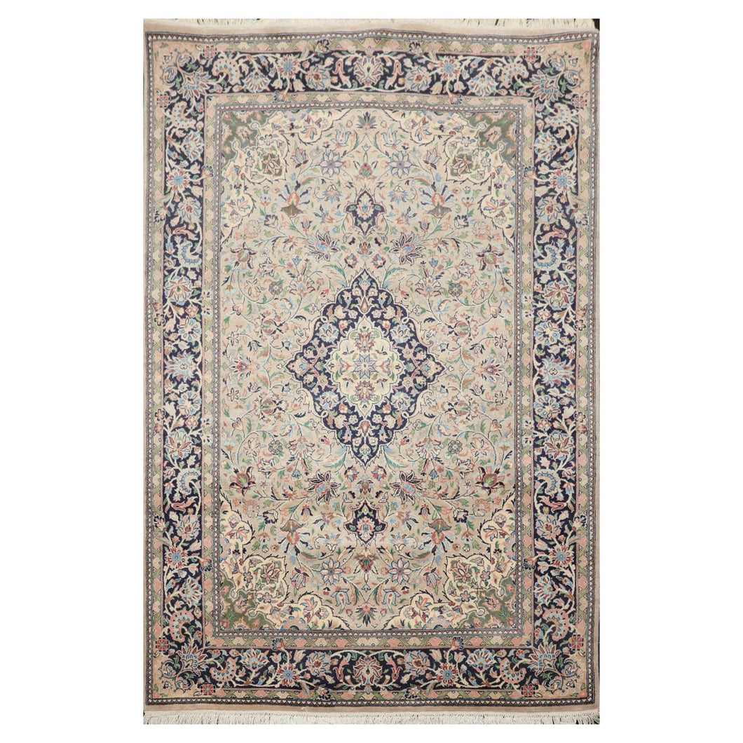 4' 7''x7' 1'' Beige Navy Rose Color Hand Knotted Persian 100% Wool Traditional Oriental Rug