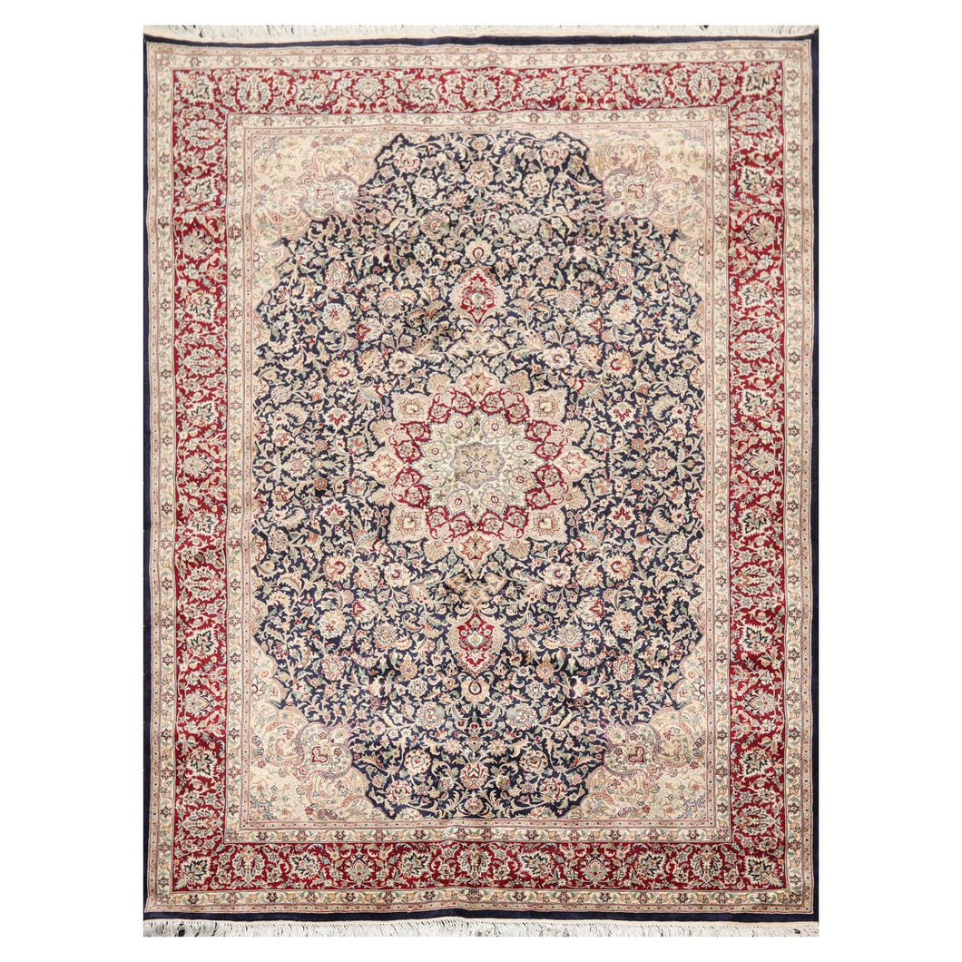 6' 8''x9'  Navy Burgundy Beige Color Hand Knotted Persian 100% Wool Traditional Oriental Rug