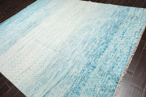 8' x 10' Hand Knotted 100% Wool Contemporary Modern Area Rug Ivory Aqua - Oriental Rug Of Houston