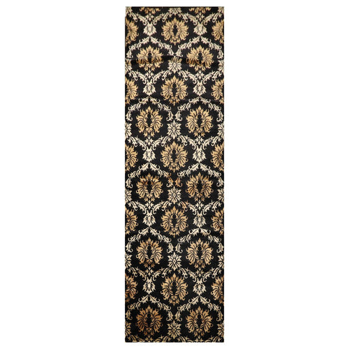 Runner Hand Knotted Wool & Silk Damask Tibetan Area Rug Black Gold 3'11