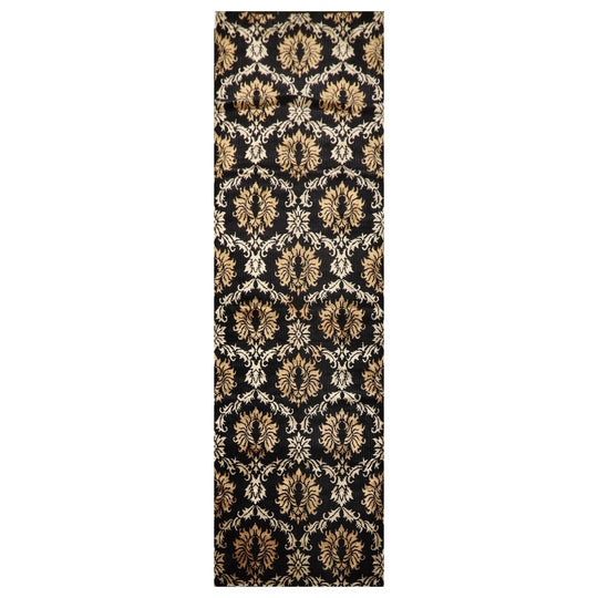 Runner Hand Knotted Wool & Silk Damask Tibetan Area Rug Black Gold 3'11" x 11'9"