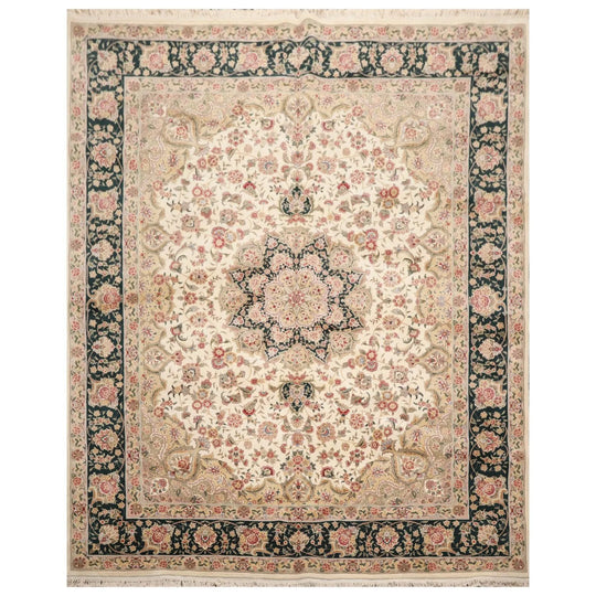 8' x 10' Hand Knotted Wool & Silk Pak Persian 300 KPSI Tabriz Area Rug Ivory