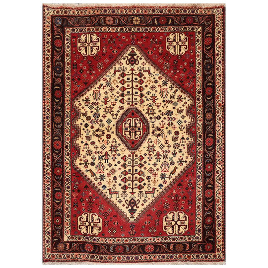 Ivory Red 3'4" x 4'9" Hand Knotted Wool Abadeh Traditional Oriental Area Rug