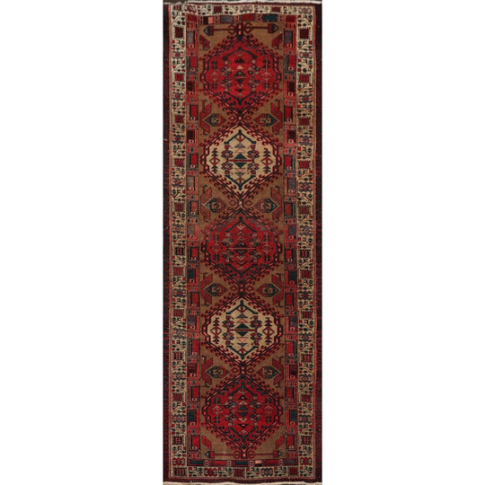 3'4" x 10'2" Vintage Runner Hand Knotted Wool Hamadan Oriental Area Rug Brown