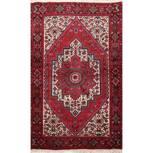 2' 6''x4' 2'' Red Cream Charcoal Color Hand Knotted Persian 100% Wool Traditional Oriental Rug
