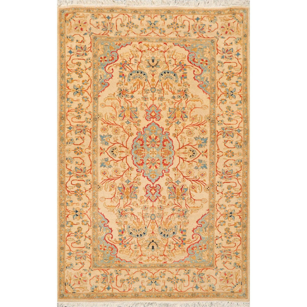 3' 3''x5' 2'' Tan Blue Coral Color Hand Knotted Persian 100% Wool Traditional Oriental Rug