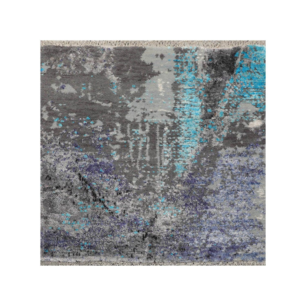2' x2'  Gray Purple Turquoise Color Hand Knotted Tibetan Wool and Silk Modern & Contemporary Oriental Rug