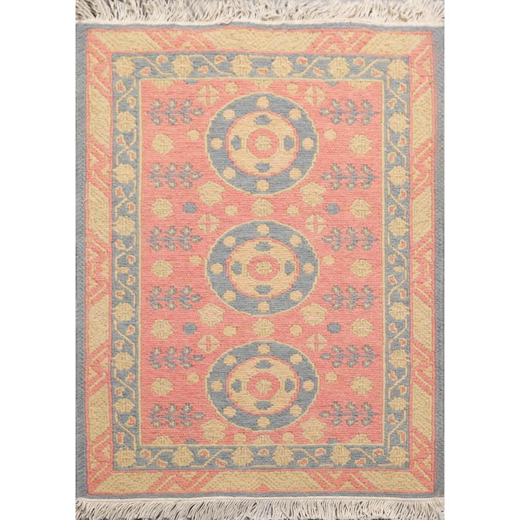 1' 10''x2' 7'' Rose Blue Gold Color Hand Knotted Persian 100% Wool Transitional Oriental Rug