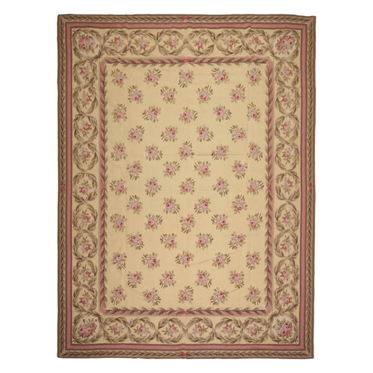 French Aubusson Hand Woven Wool Flatweave Area Rug Ivory 9’ x 12’