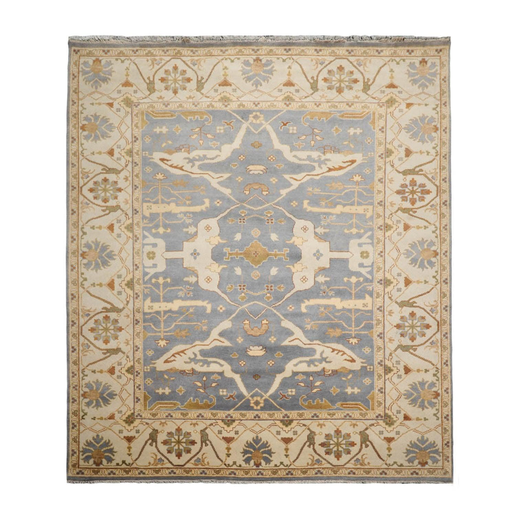 Muted Turkish Oushak Hand Knotted Wool Area Rug Blue 9’1
