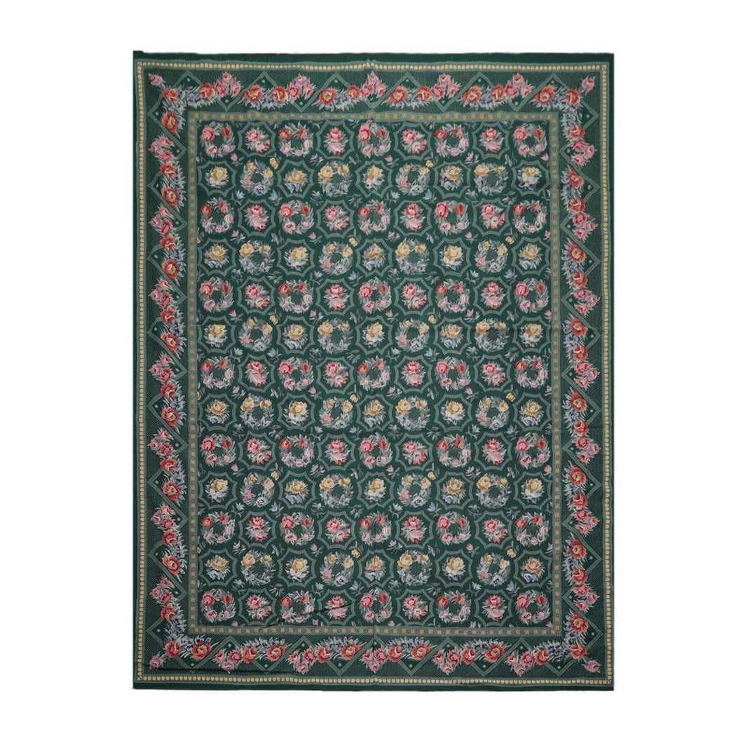 Hand Woven 100% Wool Floral French Aubusson Needlepoint Area Rug Green 9' x 12' - Oriental Rug Of Houston
