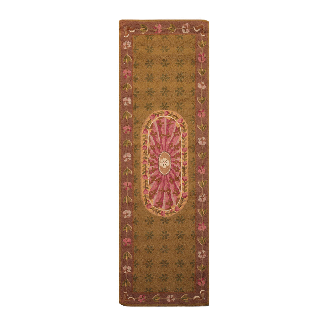 2' 6''x8'  Mustard Pink Rose Color Hand Hooked French Aubusson  100% Wool Traditional Oriental Rug