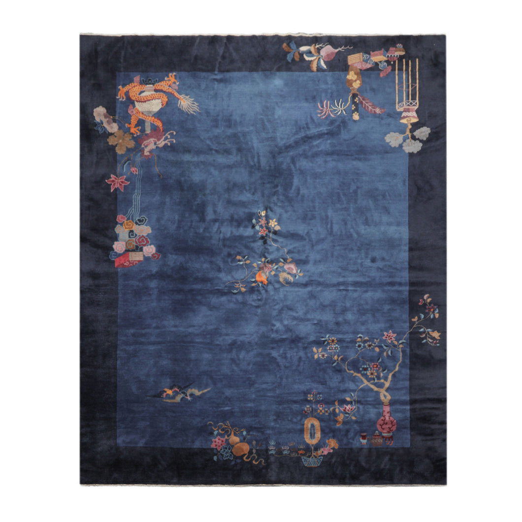 10' x12' 5'' Royal Blue Navy Pink Color Hand Knotted Oriental 100% Wool Art Deco Peking Oriental Rug
