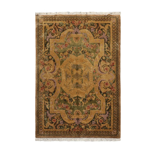 6x9 Pale Gold, Sage Hand Knotted 100% Wool French Aubusson Savonnerie  Traditional Oriental Area Rug
