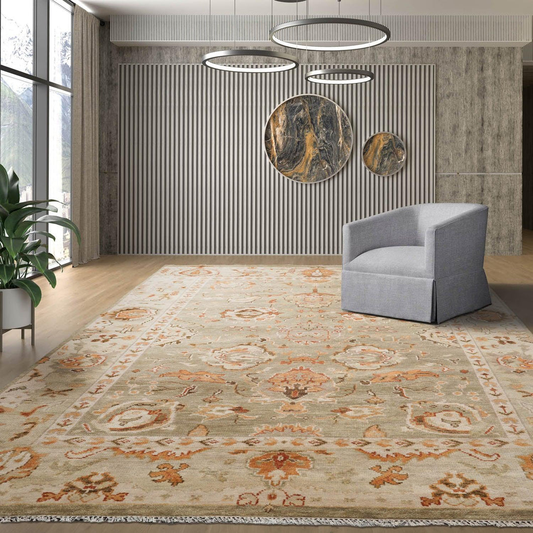 Multi Sizes LoomBloom Muted Turkish Oushak Hand Knotted Wool Traditional Area Rug Moss, Beige Color - Oriental Rug Of Houston