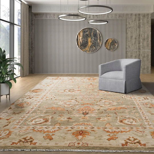 Multi Sizes LoomBloom Muted Turkish Oushak Hand Knotted Wool Traditional Area Rug Moss, Beige Color