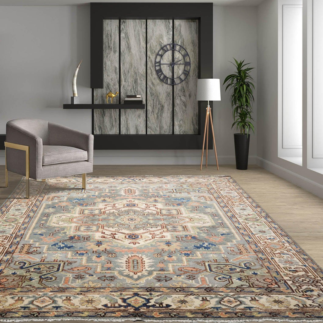 7' 11''x10' 1'' LoomBloom Muted Turkish Oushak Hand Knotted Wool Area Rug Gray, Blue Color - Oriental Rug Of Houston