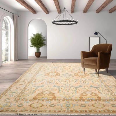 9x12 Pale Peach, Turquoise LoomBloom Muted Turkish Oushak Hand Knotted Wool Traditional Area Rug - Oriental Rug Of Houston