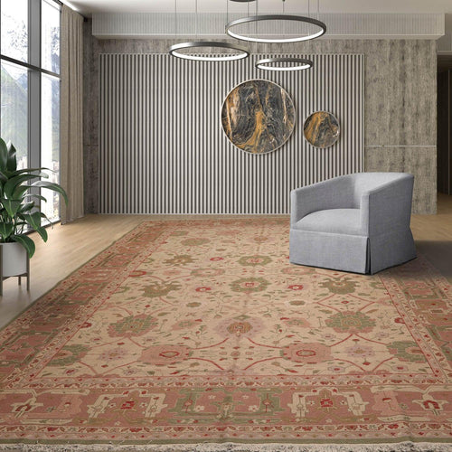 12' 2''x16' 2'' Beige Rose Sage Color Hand Knotted Soumak 100% Wool Traditional Oriental Rug
