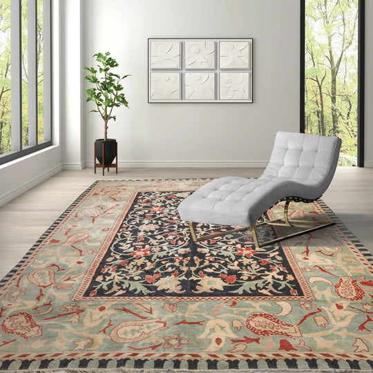 10x14 Black, Pale Aqua Hand Knotted Turkish Oushak 100% Wool Traditional Oriental Area Rug