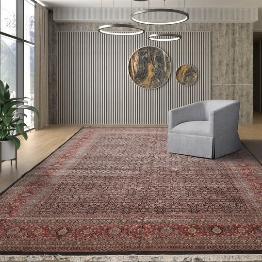 11' 6''x14' 9'' Palace Hand Knotted 100% Wool Bidjar Traditional Oriental Area Rug Black, Rose Color