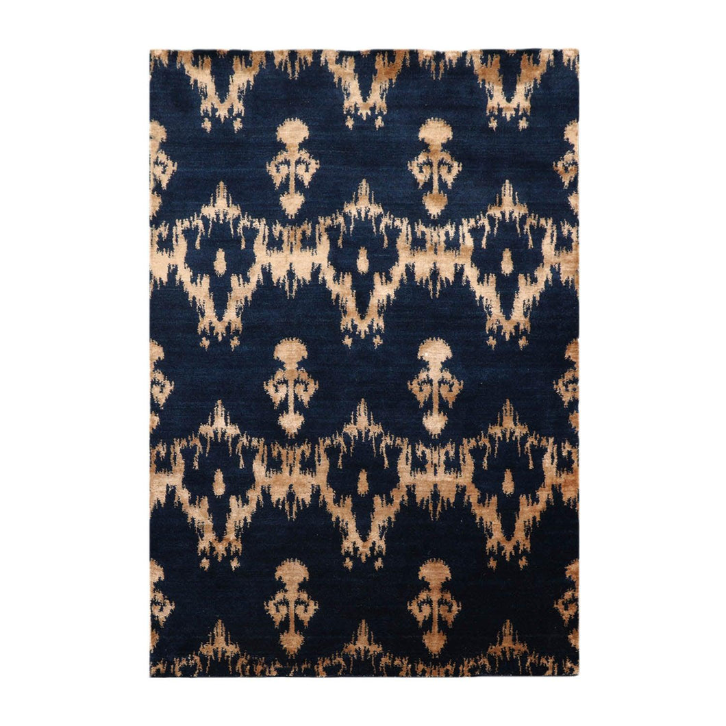 4'1''x6' Hand Knotted Tibetan Wool and Bamboo Silk Tibetan Traditional Oriental Area Rug Navy, Beige Color - Oriental Rug Of Houston