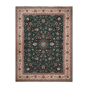 9' x12'  Emerald Ivory Rose Color Hand Knotted Pak Persian 100% Wool Traditional Oriental Rug