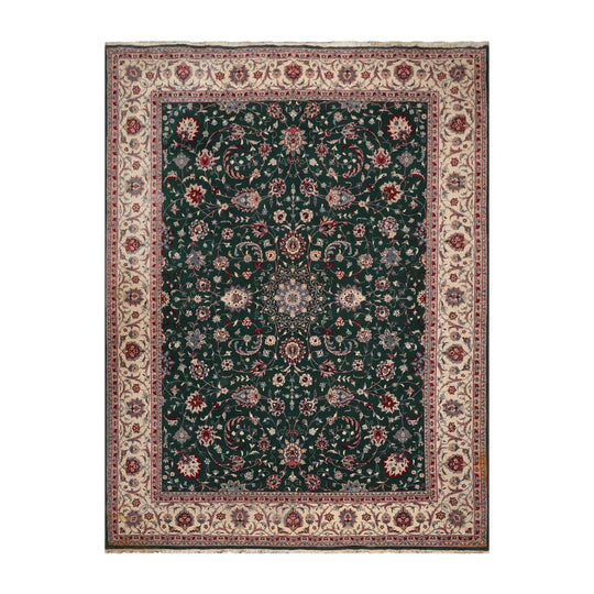 9x12 Emerald, Ivory Hand Knotted Pak Persian 100% Wool Pak Persian 16/18 Traditional 300 KPSI Oriental Area Rug
