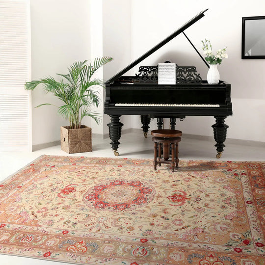 6' 7''x10' 2'' Hand Knotted Wool and Silk Traditional Tabriz 300 KPSI Oriental Area Rug Ivory, Peach Color