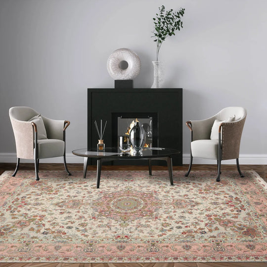 6x9 Hand Knotted Wool and Silk Traditional Tabriz Master Weaver Signed 400 KPSI Oriental Area Rug Ivory, Blush Color