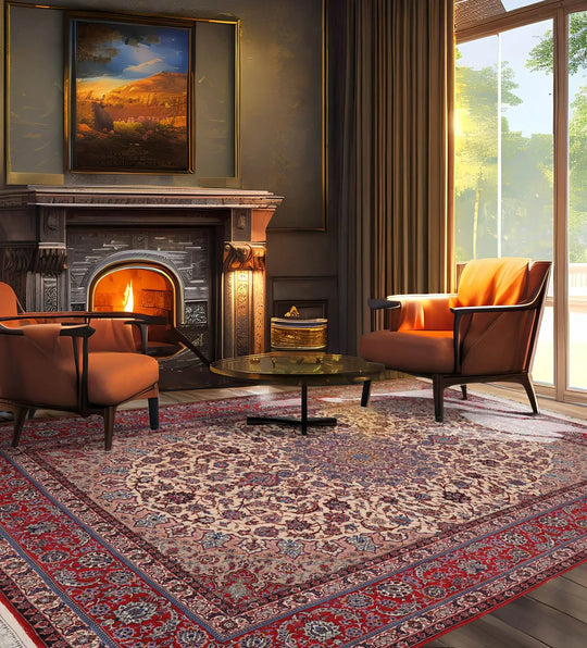 9x12 Ivory, Red Hand Knotted Wool and Silk Traditional Isfahan 300 KPSI Oriental Area Rug