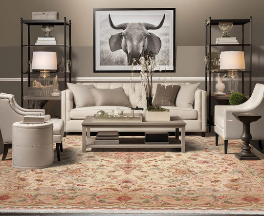 8x10 Hand Knotted Wool and Silk Traditional Tabriz 400 kpsi Oriental Area Rug Ivory, Tan Color