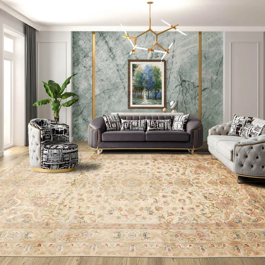 8x10 Hand Knotted Wool and Silk Traditional Tabriz 300 KPSI Oriental Area Rug Ivory, Taupe Color