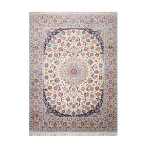 8' 5''x11' 9'' Cream Taupe Blue Color Hand Knotted Persian Wool and Silk Traditional Oriental Rug