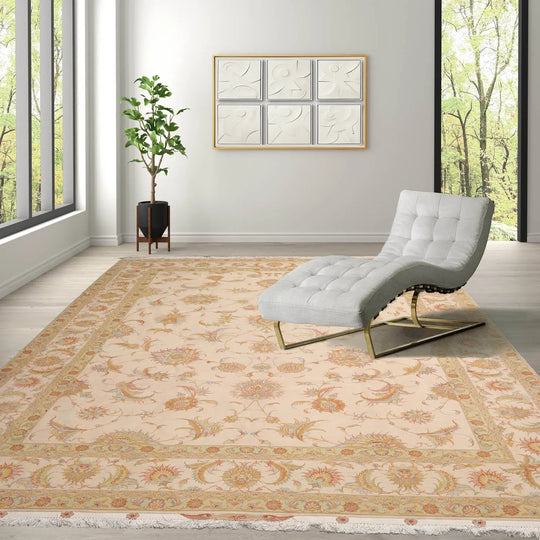8'1"x11'9" Hand Knotted Wool and Silk Traditional 350 KPSI Oriental Area Rug Ivory, Mint Color