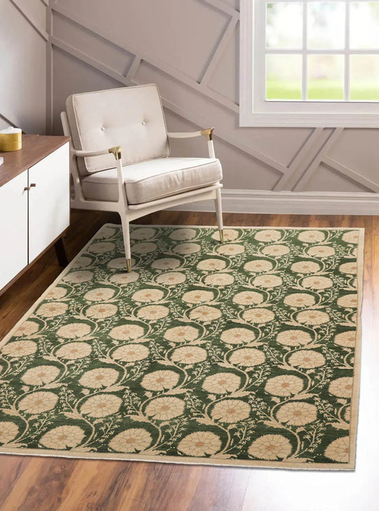 4' 10''x6' 11'' Hand Knotted Tibetan 100% Wool Michaelian & Kohlberg Transitional Oriental Area Rug Green, Beige Color