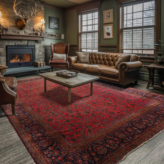 10' 5''x13' 9''Hand Knotted 100% Wool 300 KPSI Antique Sarouk Oriental Area Rug Rose, Navy Color