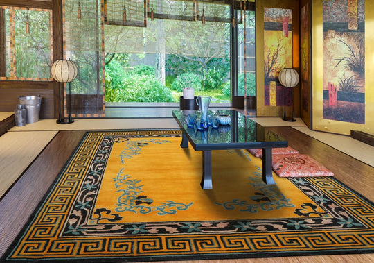 Multi Size Hand Tufted Bordered New Zealand Wool Chinese Art Deco  Oriental Area Rug Gold,Black Color