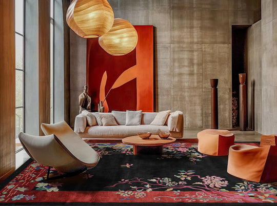 Multi Size Hand Tufted Floral New Zealand Wool Chinese Art Deco  Oriental Area Rug Black,Teracotta Color