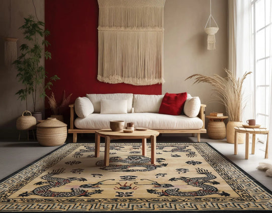 Multi Size Hand Tufted Pictorial New Zealand Wool Chinese Art Deco Traditional  Oriental Area Rug Beige,Black Color