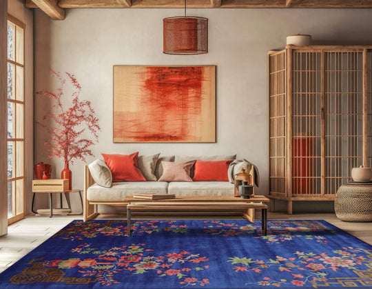 Multi Size Hand Tufted Floral New Zealand Wool Chinese Art Deco  Oriental Area Rug Royal Blue,Orange Color