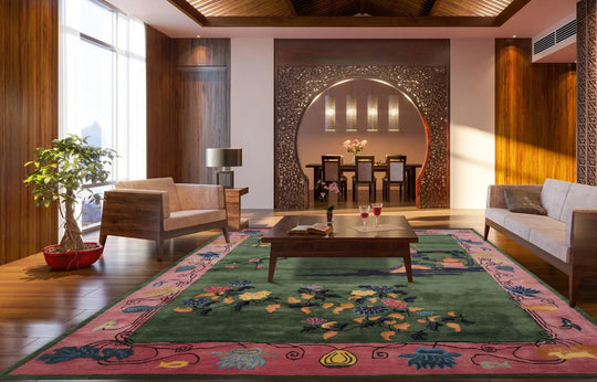 Multi Size Hand Tufted Pictorial New Zealand Wool Chinese Art Deco  Oriental Area Rug Green,Pink Color