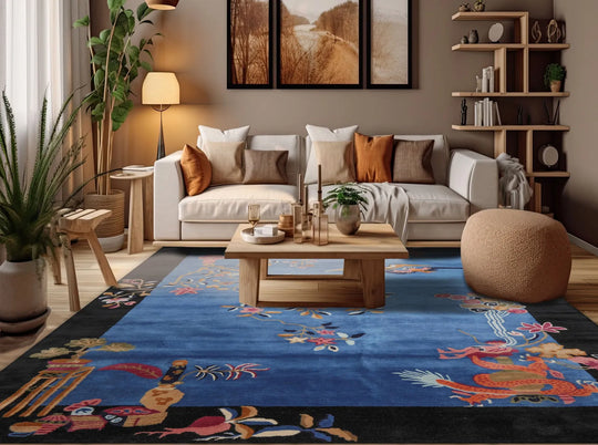 Multi Size Hand Tufted Pictorial New Zealand Wool Chinese Art Deco  Oriental Area Rug Blue,Black Color