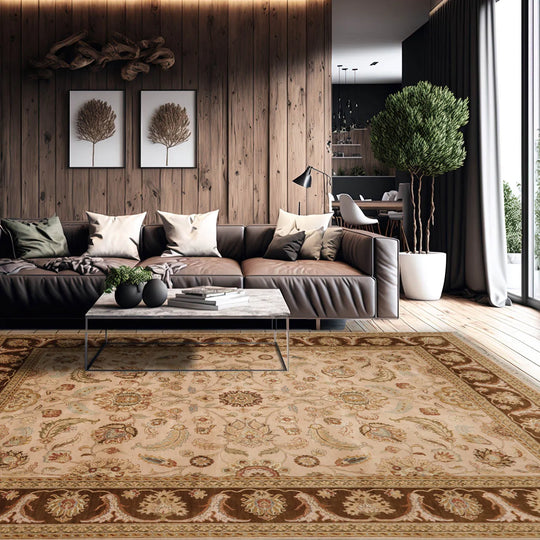 9'x12'2'' Beige, Brown Hand Knotted 100% Wool Agra Traditional Oriental Area Rug