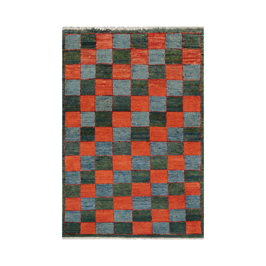 3'x4'7'' Orange, Blue Hand Knotted 100% Wool Peshawar Modern & Contemporary Oriental Area Rug