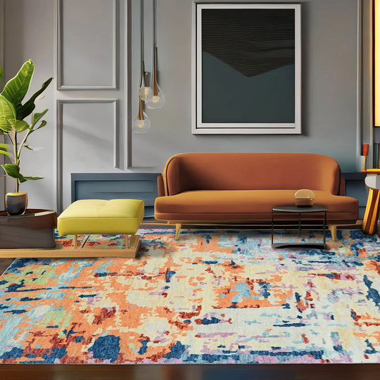 8x10 LoomBloom Peach, Blue Color Abstract Designer Hand Knotted 100% Wool Tibetan Oriental Area Rug