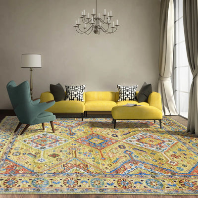 6' 1''x9'  Gold Burnt Orange Blue Color Hand Knotted Indo Oushak  100% Wool Traditional Oriental Rug