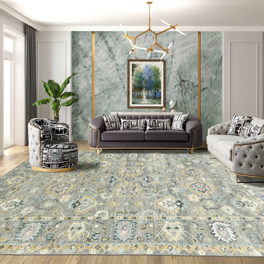 Multi Size Gray, Light Gold Hand Knotted 100% Wool Turkish Oushak Traditional Oriental Area Rug